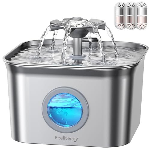 2.8L Edelstahl-Katzenbrunnen, FeelNeedy Katzenwasserbrunnen zum Trinken mit 3 Pack Filtern, Wasserbrunnen-Katzenschüssel, sichtbarer Wasserstand,...
