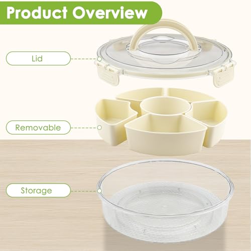 Zosenyer Snack Spinner, Runder Snackbox mit Fächern mit 6 Schüsseln, Snackschale mit Deckel und Griff für die Aufteilung von Süßigkeiten Nüssen Kartoffelchips und Früchte