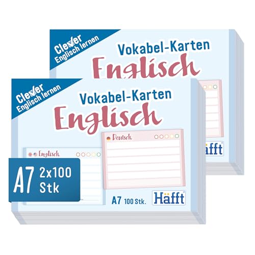 Häfft® 2er-Pack Vokabel-Karten A7 Englisch liniert, 200 Stück, mit Ampel-Prinzip für das Langzeitgedächtnis - passend für gängige Lernboxen, handlich für unterwegs