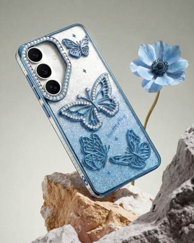 Image of Elzzi Electroplated Butterfly Phone Cover for Samsung S26 Plus Case, Showcasing Pearlescent Diamond Soft TPU, Camera Protection, Shockproof, Dropresistant Stylish for Girls & Women (Sierra Blue)