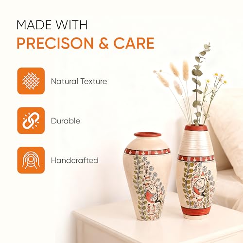 Image of Aakriti Art Creations Vase Earthen White Madhubani Set of 2 | Handmade Matte Finish Terracotta Decorative Vases | Silver Madhubani Art Flower Vase, Planters for Home Decor, Table Decoration Items
