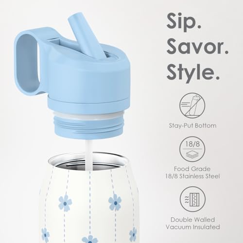 Image of Blue Floral Stainless Steel Water Bottle with Twist Lid 20oz, Travel Insulated Water Bottles for Sports & Gym, Gift for Women Girls Friends Birthday Christmas