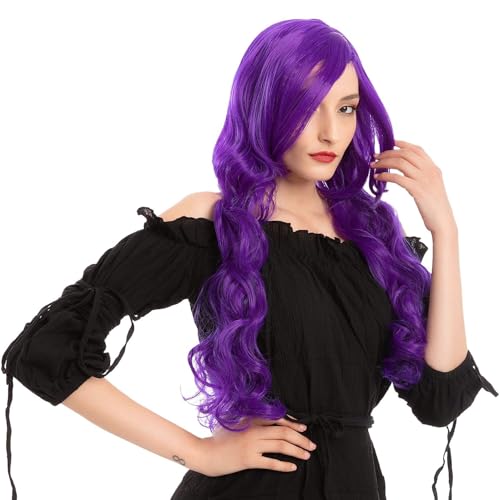 Porsmeer Halloween Witch Wig – Long Purple Wavy Hair Wig For Women, Girls – Black Witch Hat Included thumb #3