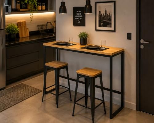 Mesa de jantar Aparador Bancada Alta Industrial 1,40x40cm - Tampo Bege, pés Preto, 140 x 40 cm