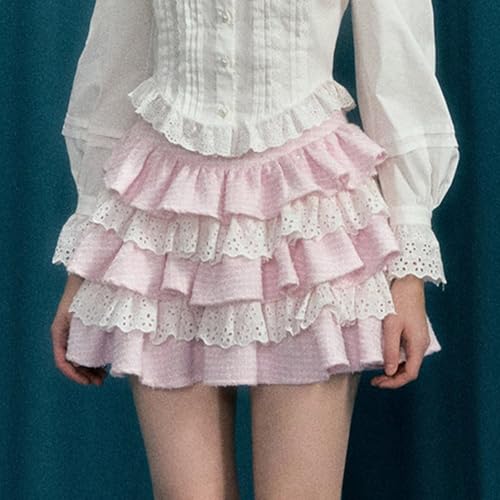Women Ruffle Layered Mini Skirt High Waist Lace Patchwork Short Skirt Striped A-line Ruched Flowy Skrit2