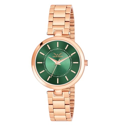 Image of LOUIS DEVIN Rose Gold Plated Metal Chain Analog Wrist Watch for Women (Rose Gold /Brown /Green Dial) | LD-ZL511