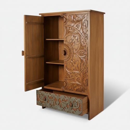 Image of APRODZ Wooden Wardrobe for Bedroom | Scolpito 2 Door Mango Wood Wardrobe with 1 Drawer | Space Saving Wardrobe for Storage, Clothes Cupboard & Wooden Almirah for Bedroom, Light Italian Walnut + Grey