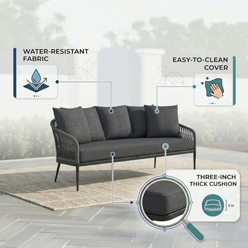 Image of LOCCUS Outdoor 5 Seater Rope Woven Patio Sofa Set with Center Table - All-Weather Conversation Set for Balcony, Garden, Terrace & Poolside | Waterproof UV-Resistant Patio Furniture Set (Grey)