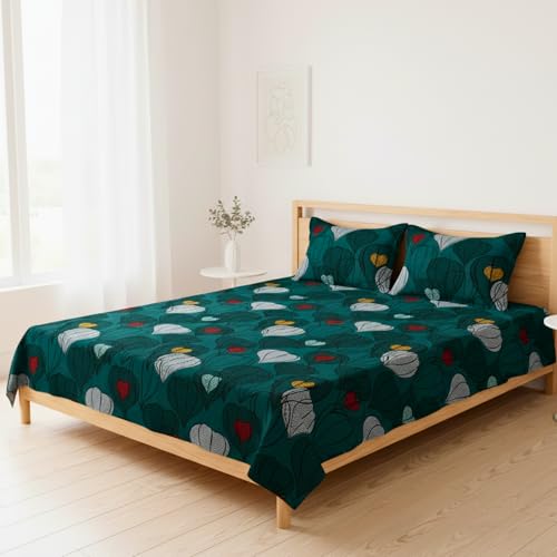 Image of BBSPED Innovation King Size Double Bed Bedsheet Set Leaf Print, Glace Cotton, 2 Pillow Covers, 90x100 (Green, Leaf Print)