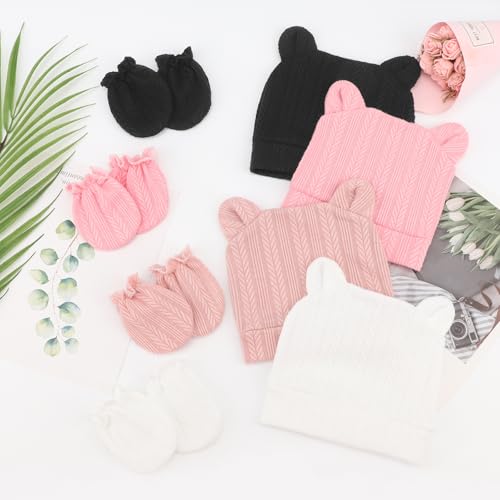 Image of BQUBO Newborn Baby Hats Bear Ears and Mittens Sets Preemie Caps Baby Boy Girl Infant Hospital Beanie for 0-3 Months