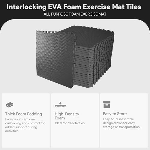 Image of BalanceFrom Puzzle Exercise Mat 3 /4 inch Thick, EVA Interlocking Foam Floor Tiles for Home Gym, Mat for Home Workout Equipment, Floor Padding for Kids, Black, 24 in x 24 in x 3 /4 in, 96 Sq Ft - 24 Tiles | Tiles for Home Gym, Mat for Home Workout Equipment, Floor Padding for Kids, Black, 24 in x 24 in x 3 /4 in, 96 Sq Ft-24 Tiles