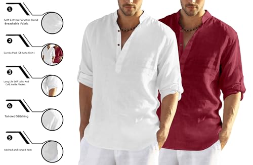 Image of Zombom Men's Combo Cotton Polyester Blend Solid Full Sleeve Straight Regular Fit Mandarin /Chinese Collor Kurta (Pack of 2)