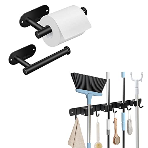Bjiotun Black Toilet Paper Holder Wall Mount & Mop And Broom Holder With 4 Racks And 5 Hooks, 2 Pack Toilet Paper Holder & Stainless Steel Tool Organizer For Garage Garden Bathroom Laundry #TOP7