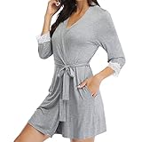 INSOUR Nachtwäsche Damen Spitze Kimono Sexy Morgenmantel Bademantel Kurz V-Ausschnitt Robe mit Taschen