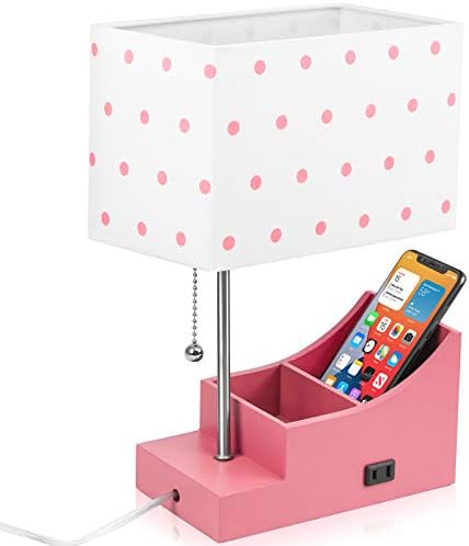KAYBELE Kids Lamp for Bedrooms, Bedside Table Lamp with AC Outlet, Pink Nightstand Lamp for Girls Room Decor, Wood Desk Lamp with Storage, Rotatable Lampshade(Without Bulb)