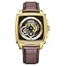 Produktbild MEGIR Herren Uhren Gold Hohl Automatik Mechanische Rechteckig Skeleton mit Braun Leder Armband