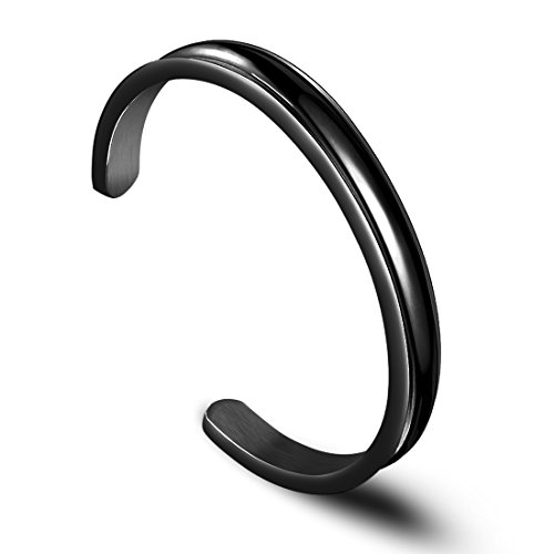 Zuo Bao Hair Tie Bracelet Stainless Steel Grooved Cuff Bangle for Women (Black)