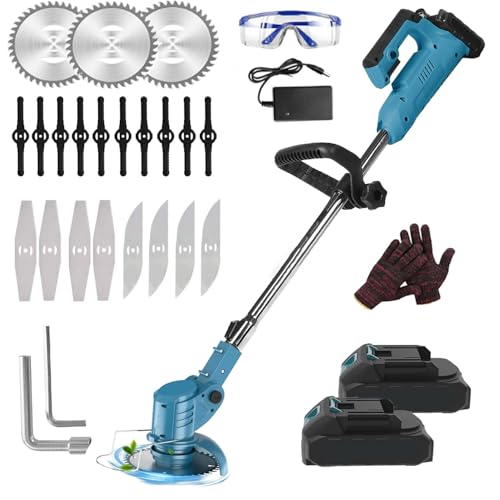 Rasentrimmer mit Akku für Makita,Freischneider Akku, Akku-Rasentrimmer mit 2X2.0Ah Akku und Ladegerät,Elektrischer Motorsense mit 4 Arten Klingen für Rasenschneiden Garten, Hof