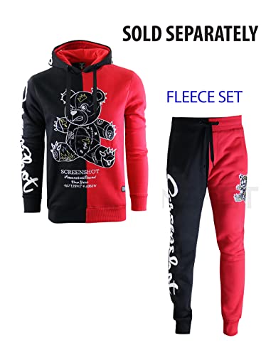 Screenshot-H1113 Mens Urban Hip Hop Premium Fleece Hoodie - Shiny Black Bear Animation Cartoon Half Color Block Hooded Sweatshirt-Black/Red-Medium #TOP3