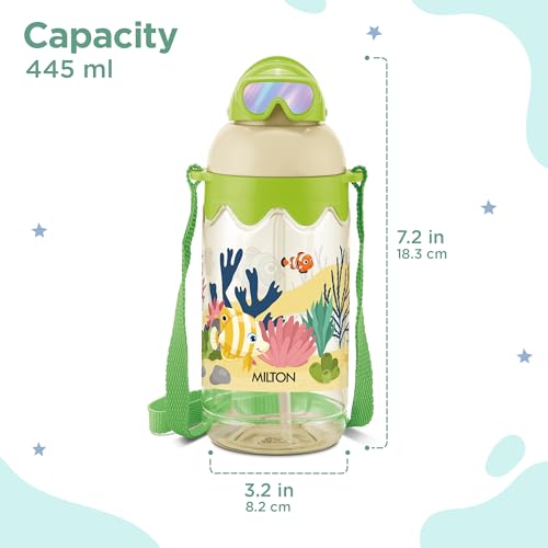 Image of MILTON Sage 450 Sipper PET Water Bottle for School Kids | Food Grade & BPA Free | Leak Proof & Durable | Easy to Carry Loop | Ideal for Home, School & Office Use, 445 ml, Green
