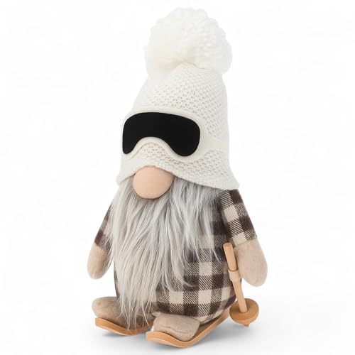 MIJOMA Figura decorativa a forma di gnomo, 20 cm, in tessuto scandinavo con cappello invernale su sci di legno, peluche da appoggiare, decorazione invernale natalizia Skandi Hygge Style (fiocchi di