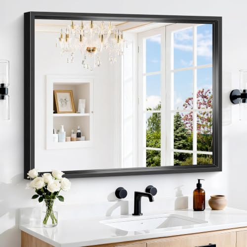 Image of Bathroom Mirror, 36 x 30 inch Brushed Black Rectangle Mirror, 0.6 inch Thickened Deep Metal Frame Rectangular Vanity Mirror for Over Sinks, Tempered Glass, Antirust, Horizontally or Vertically