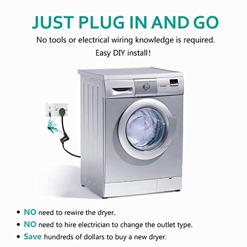 BOEEMI 4 Prong to 3 Prong Dryer Adapter Cord Convert 4 Prong Dryer Plug to 3 Prong Wall Outlet, NEMA 10-30P Male to 14-30R Female 120V/240V 30 Amp Dryer Plug Adaptor with Safety Ground Wire, 1.5FT