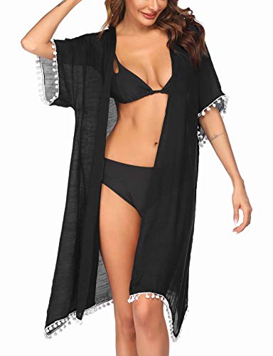 Ekouaer Women's Swimsuit Beach Cover Up Shirt Bikini Beachwear Bathing Suit Beach Dress Black Pompom Swimsuit Coverups