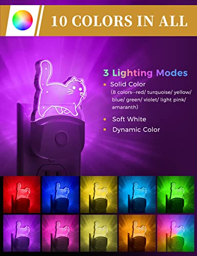 Image of DORESshop Cat Night Light [2 Pack], Kids Night Light with 8-Color RGB, Plug in, Dusk-to-Dawn Sensor, Rainbow LED Baby Night Light for Bathroom, Cute Room Decor,Boys Girls Gift
