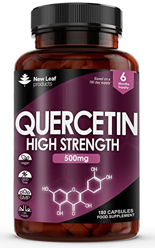 Quercetin - Suplementos antioxidantes de alta resistencia (suministro de 6 meses), 180 cápsulas veganas de quercetina pura, fáciles de tragar, sin gluten y sin OMG, fabricadas en Reino Unido por New Leaf