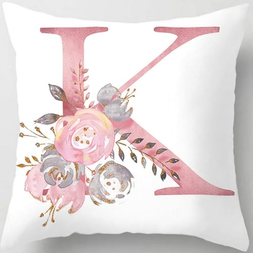 Tillskuch Pink Throw Pillow Covers Cute Alphabet Decorative Cushion Covers Square Letter Throw Pillows Protectors for Sofa Couch Bedroom Chair Home Decor 18 x 18 Inch(K)
