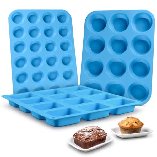 CAKETIME Silicone Muffin Pan - Cupcake Pan, Mini Loaf Pan Silicone Baking Molds Food Grade 3-Pack