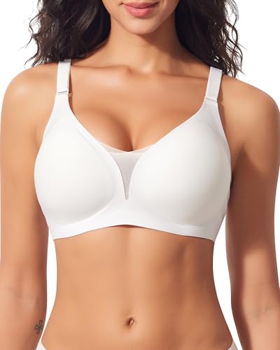 Cavotor Non Wired Bras for Women Comfort Support Bra for Saggy Breasts Padded Wireless Bras for Large Busts Lace Mesh Soft Seamless Bralettes (White,2XL)