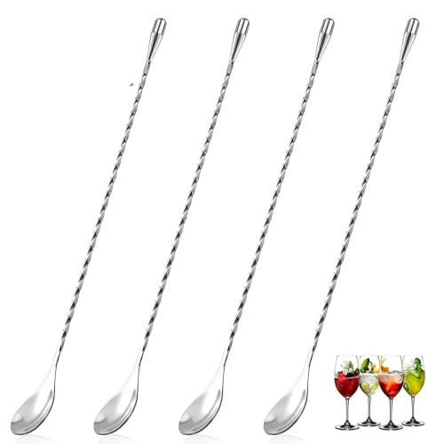 Cuchara para mezclar cócteles de acero inoxidable, cuchara de bar, cuchara para mezclar, agitador largo para martinis, café, bar, coctelera (4 unidades, plateado)