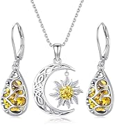 BDL Jewelry Set 925 Sterling Silver-Citrine Sun and Crescent Moon Necklace,Teardrop Filigree 5A B...