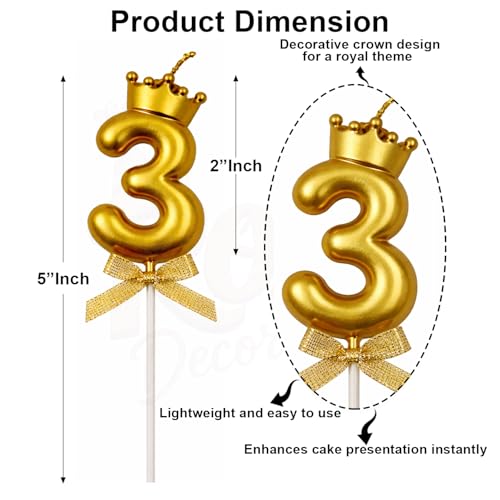 Image of Rozi Decoration Number 3 Birthday Candle for Cake with Crown Design | Gold Metallic Number Candle with Stick | Third Birthday Cake Topper for Baby, Kids and Family Celebration