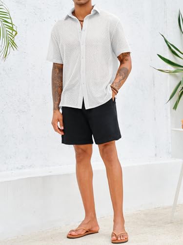 Runcati Mens Button Down Shirt Knit Crochet Hollow Out Short Sleeve Sweater Casual Summer Tops4