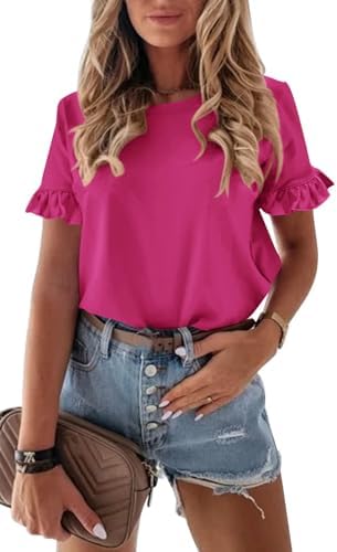 PRETTYGARDEN Women's Short Sleeve Casual T Shirts Summer Ruffle Plain Round Neck Loose Fit Tee Blouse Tops