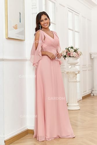 GARDOM Ruffle Sleeve Chiffon Bridesmaid Dresses for Women Cold Shoulder Formal Dress for Wedding 2025 V Neck Evening Gowns4