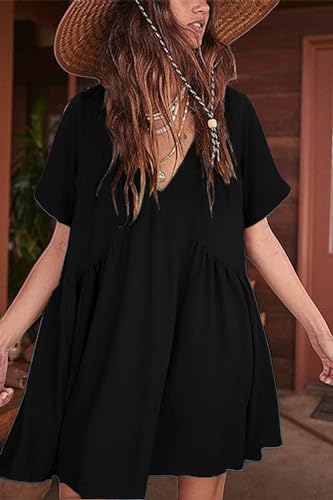 Womens Summer Mini Dress Casual Short Sleeve Loose V Neck Swing Sundress with Pocket3
