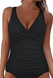 Cindy's Aunt Damen Bügel Tankini Top, gerüscht, gekreuzter Rücken, Bade Top, Bauchkontrolle, Badeanzug, Top ohne Unterteil, Schwarz, 18