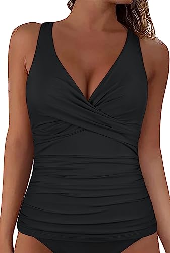 Hilor Women's Underwire Tankini Top Tummy Control Bathing Suits Sexy V Neck Crossover Swim Top Only2