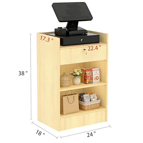 Image of 24 inchW * 18 inchD * 38 inchH - Cash Register Stand,Cash Wrap Checkout Desk Counter Stand with Drawer & 2 Tiers Storage for Church, Retail Store, Debate, Shopping Mall (Maple)