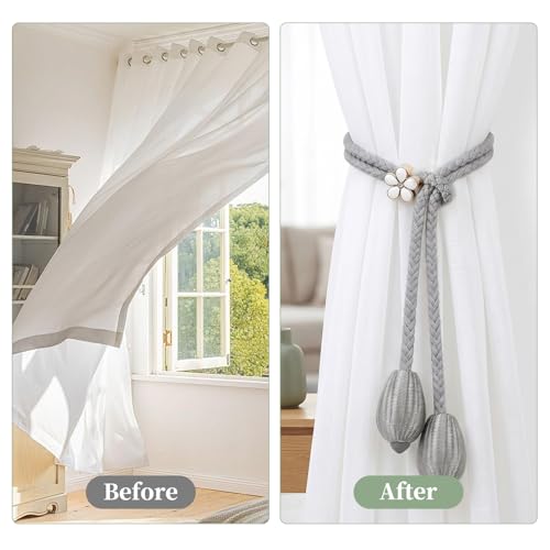 6 Stück Vorhang Raffhalter Verstellbar Grau, Baumwolle Gardinenhalter Raffhalter Dekorativ Vorhang Zusammenhalter Raffhalters für Vorhänge Ohne Bohren für Vorhänge Dekoration Wohnzimmer Schlafzimmer