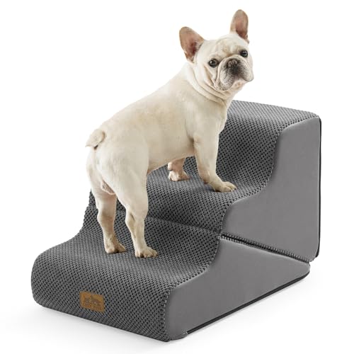 Image of COZY KISS Dog Stairs for Small Dogs, 3-Step 2-in-1 Dog Steps,15.7 inch H | 3-step dog stairs and ramps for Old Cats, Puppy, Small Dogs,Non-Slip Base,for Couch & Bed, Grey