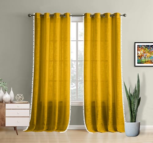 Image of THE LINEN COMPANY Cotton Sheer Grommet Curtains with Side Border Pompom Sheer Curtain for Window Linen Textured, Light Filtering, Pack of 2 (Mustard, 6 Feet)