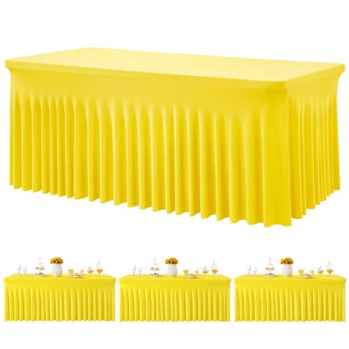Image of 3 Pack Yellow Spandex Tablecloth for 6 Foot Rectangle Tables, Wrinkle Free Fitted Table Cloth Cover 6ft Yellow Stretchy Tablecloths with Skirt for Parties Weddings Birthday Banquet Baby Shower