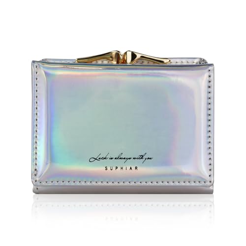 FuninCrea Portemonnaie Damen Klein, Wasserdichtes Kunstleder Geldbörse Damen Kuss-Schloss Karten Portemonnaie, Schillernder Regenbogen Portmonee Klein mit 7 Kartenfächern und 1 ID-Fenster (Silber)