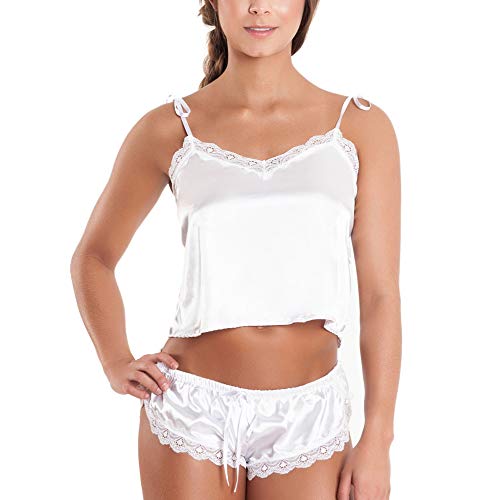 Besame Babydoll Women Sexy Lingerie Shiny Satin Lace Sleepwear Set (White - XLarge)