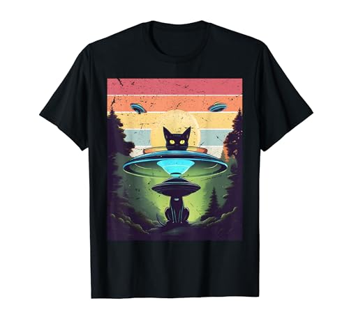 T-shirt divertida Alien Cat UFO, Galaxy Cat Spaceship Cat UFO t-shirt, Preto, S